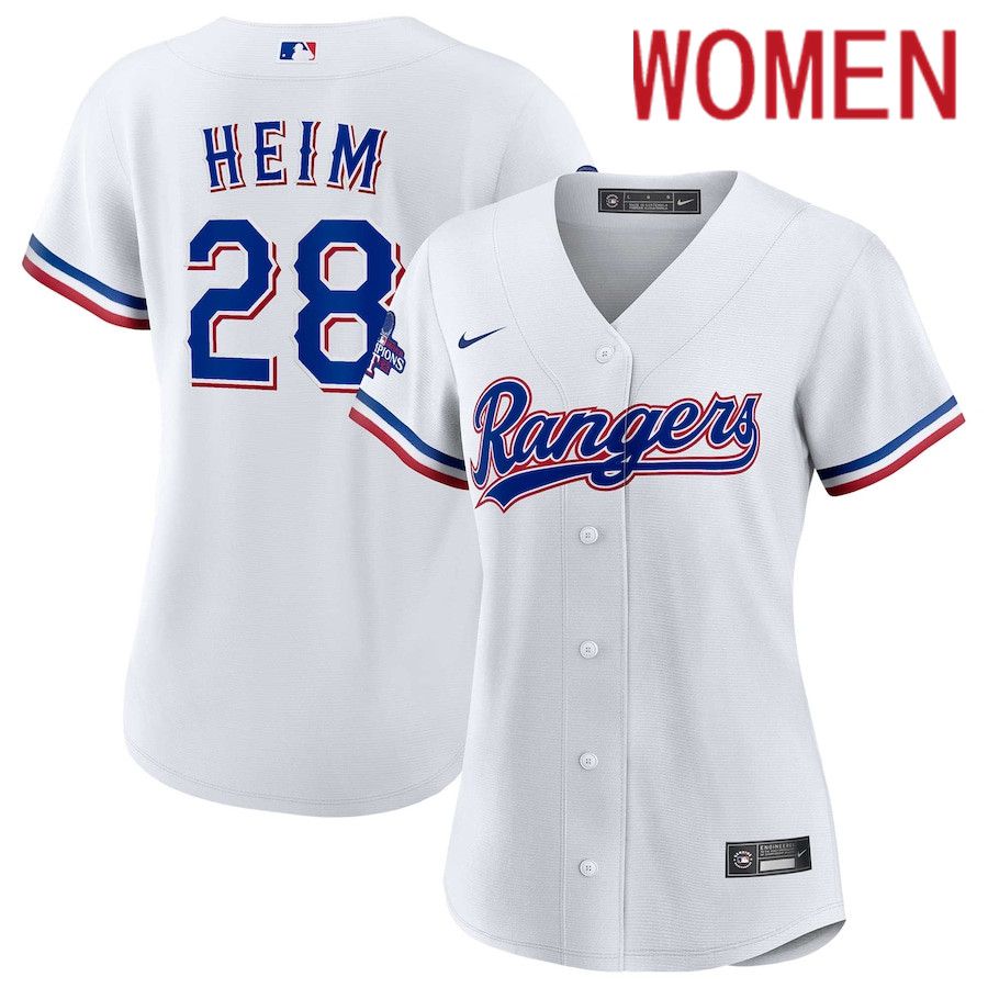 Women Texas Rangers #28 Jonah Heim Nike White Home 2023 World Series Champions Replica Player MLB Jersey->women mlb jersey->Women Jersey